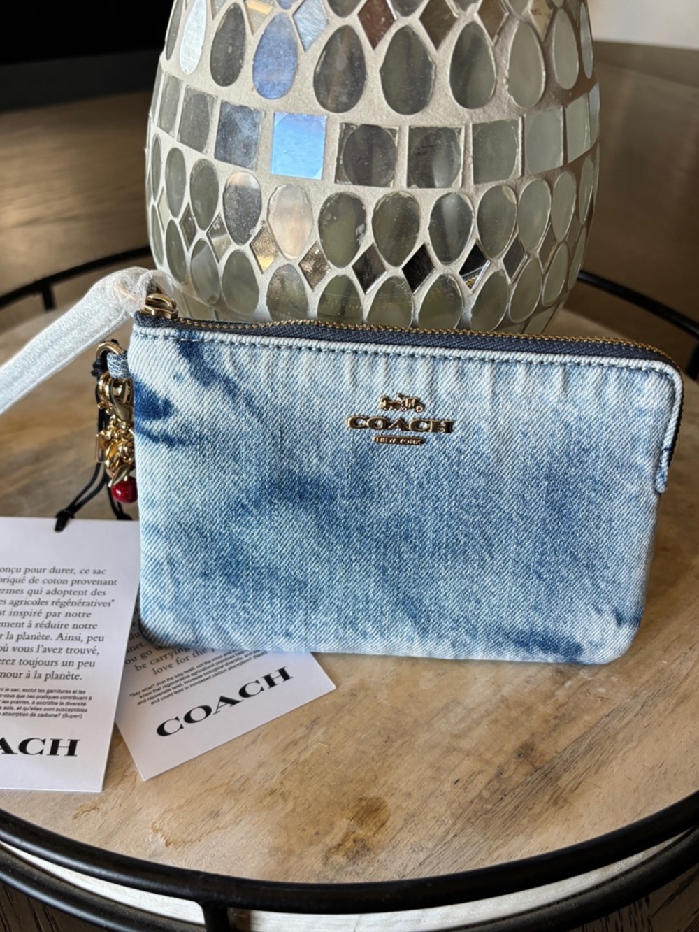 Coach Loved Denim Blue Wristlet Bag with Red Cherry Charm 🍒 & Signature C Charm - Picture 2 of 6